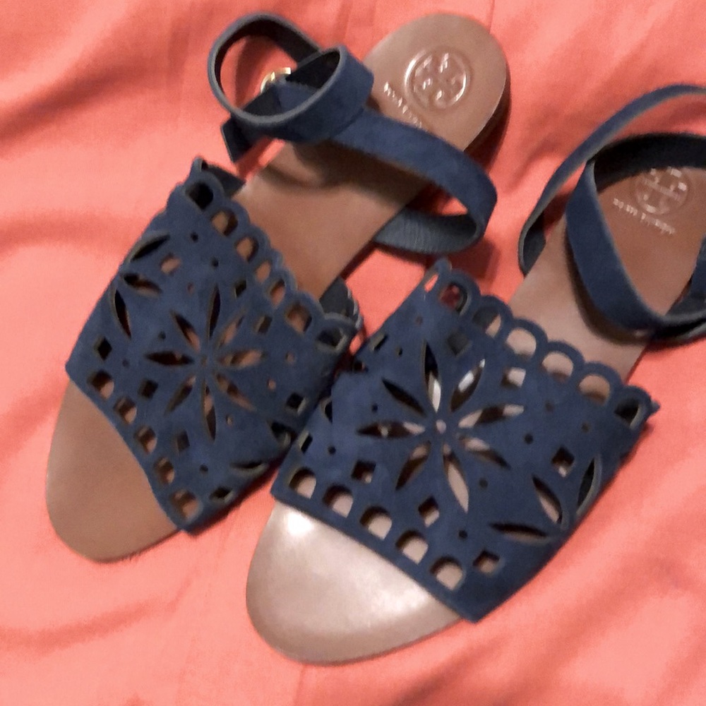 Tory Burch May perforated ankle strap flat  navy leather sandals